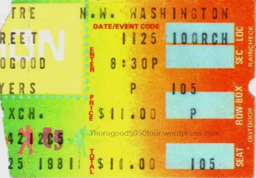 1981 11 25 USA DC Washington Warner Theatre George Thorogood 50 50 Tour Concert Ticket Stub